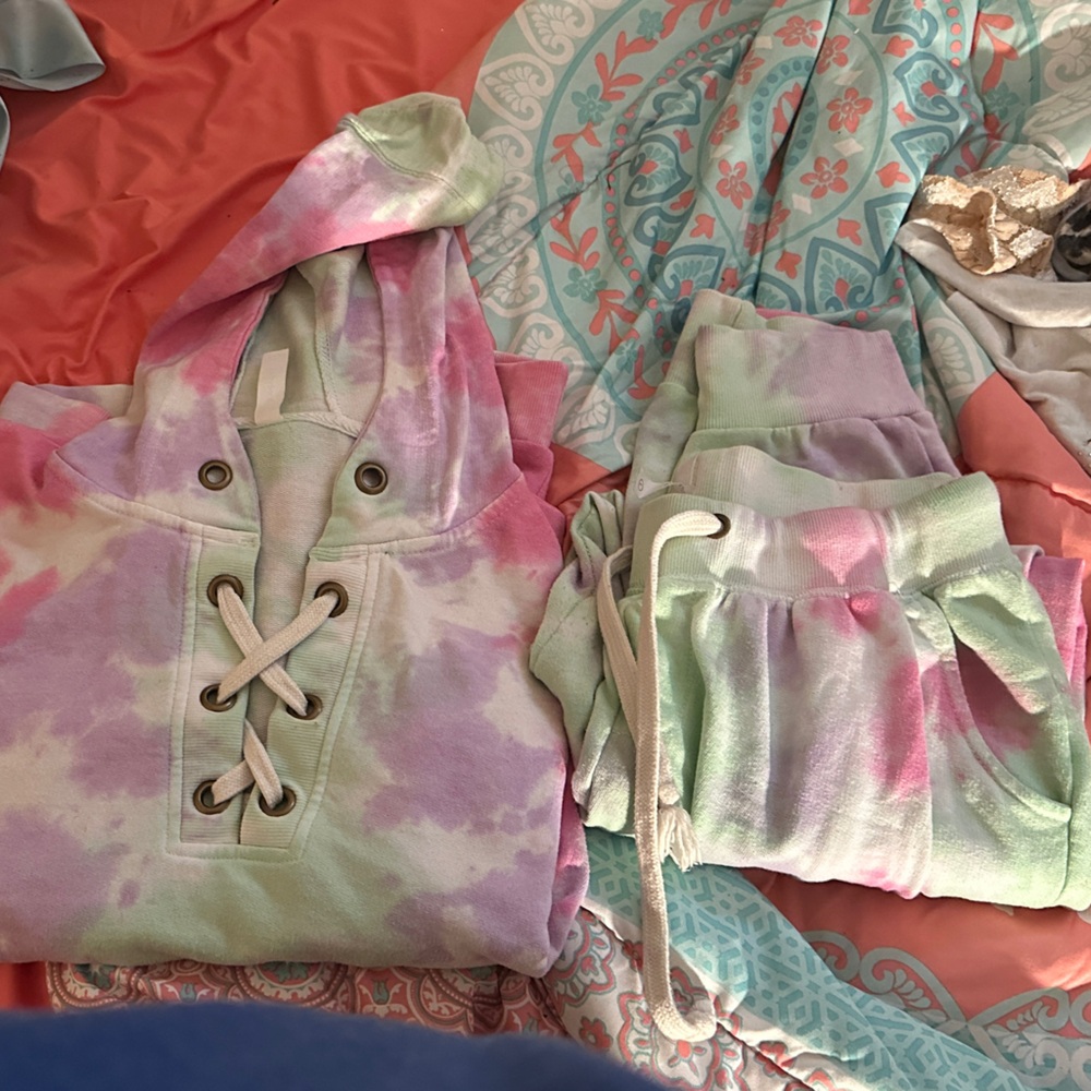 Honeyme Tie-Dye Lace-Up Hoodie and Joggers Set